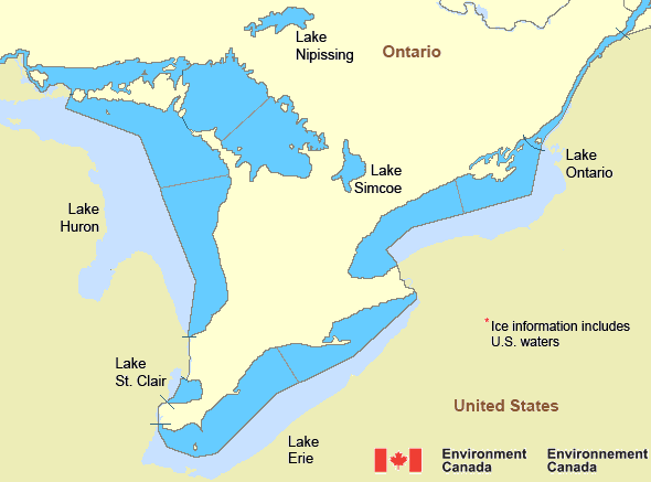 Map of Great Lakes - Lake Erie and Lake Ontario marine weather areas