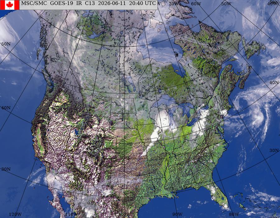 GOES–East/West North American Composite Satellite Image (infrared and topography)