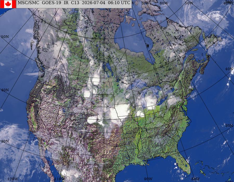 GOES–East/West North American Composite Satellite Image (infrared and topography)