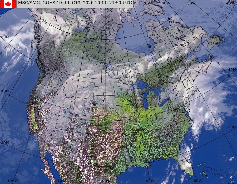 GOES–East/West North American Composite Satellite Image (infrared and topography)